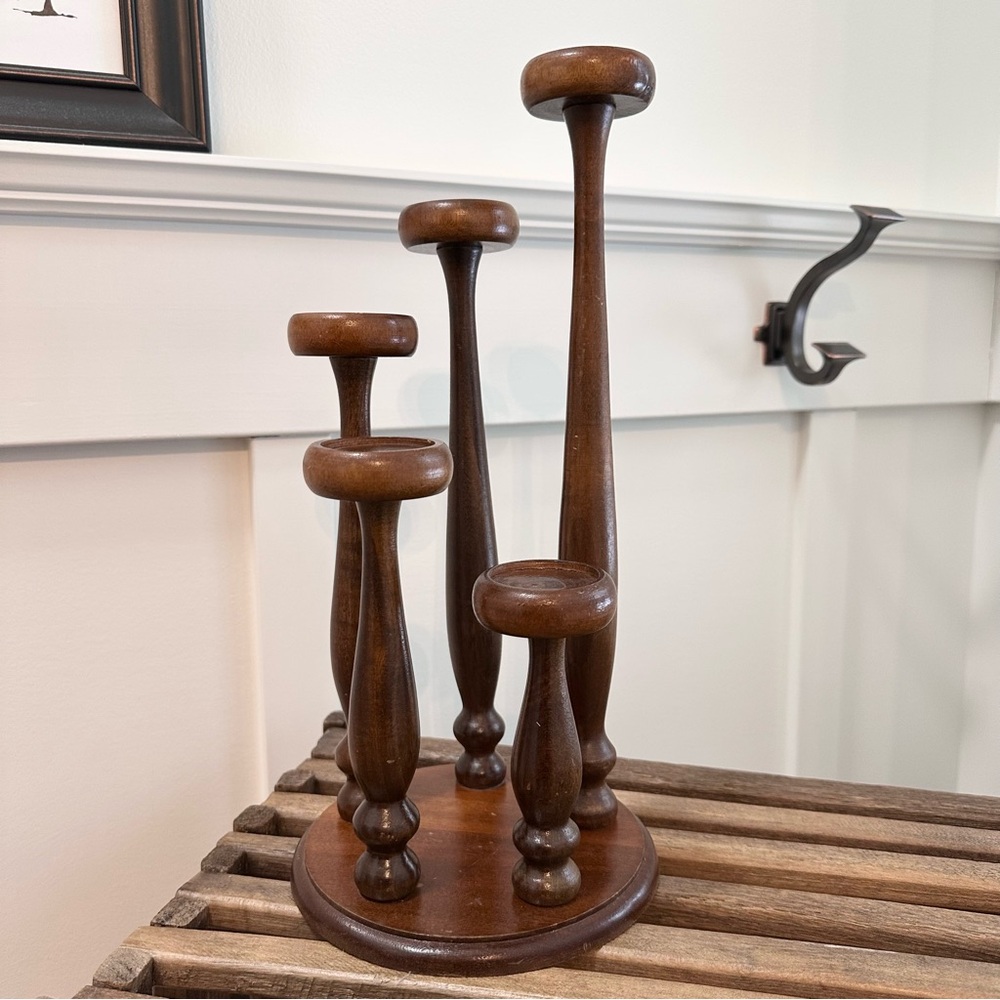 MCM Vintage Wooden Spindle Candelabra 5 Tier Centerpiece Candle Holder 14”